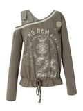 Khaki Green Asymmetric Shoulder Long Sleeve Top with Letter Print & Drawstring Hem, Faux Two-Piece Punk Casual - NO ROMANCE