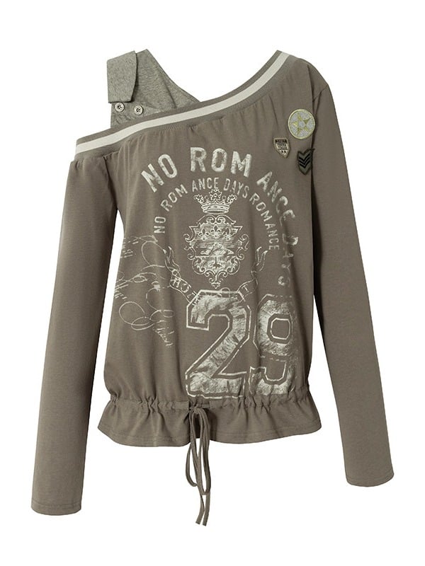 Khaki Green Asymmetric Shoulder Long Sleeve Top with Letter Print & Drawstring Hem, Faux Two-Piece Punk Casual - NO ROMANCE