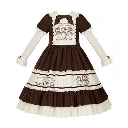 Embroidery Lamb Pan Lolita Bunny and Dress Brown with Beige Peter Collar