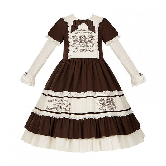 Embroidery Lamb Pan Lolita Bunny and Dress Brown with Beige Peter Collar