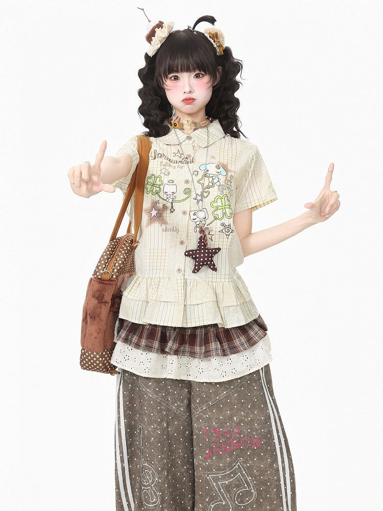 Yellow Plaid Short Sleeve Shirt with Cartoon Print - Languid Park