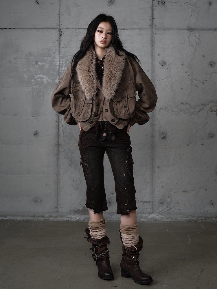 Capris Asymmetrical Denim with Punk Star Distressed Black Vintage Wasteland Pockets Studs