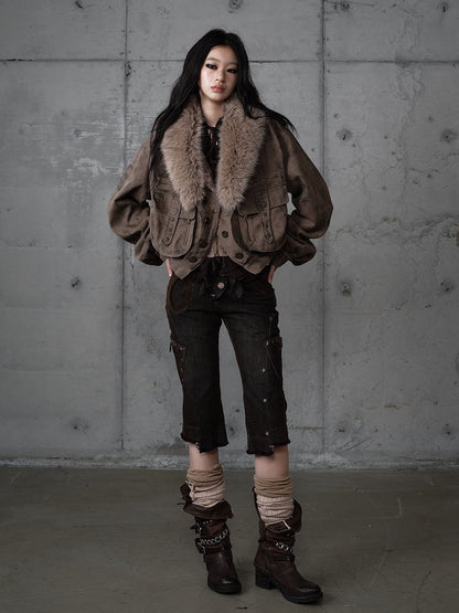 Capris Asymmetrical Denim with Punk Star Distressed Black Vintage Wasteland Pockets Studs