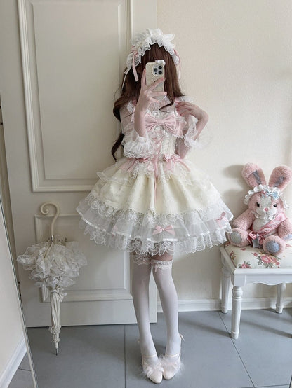 Lace / + Bow Hairband Ruffled JSK Train Princess Dress Apricot Sweet Details with Embossed Jacquard Lolita
