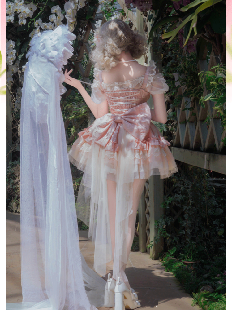 with JSK Big Bow Fabric Hime Lolita Balletcore Pink Boned Basque Waist Jacquard Train Puffy Dress