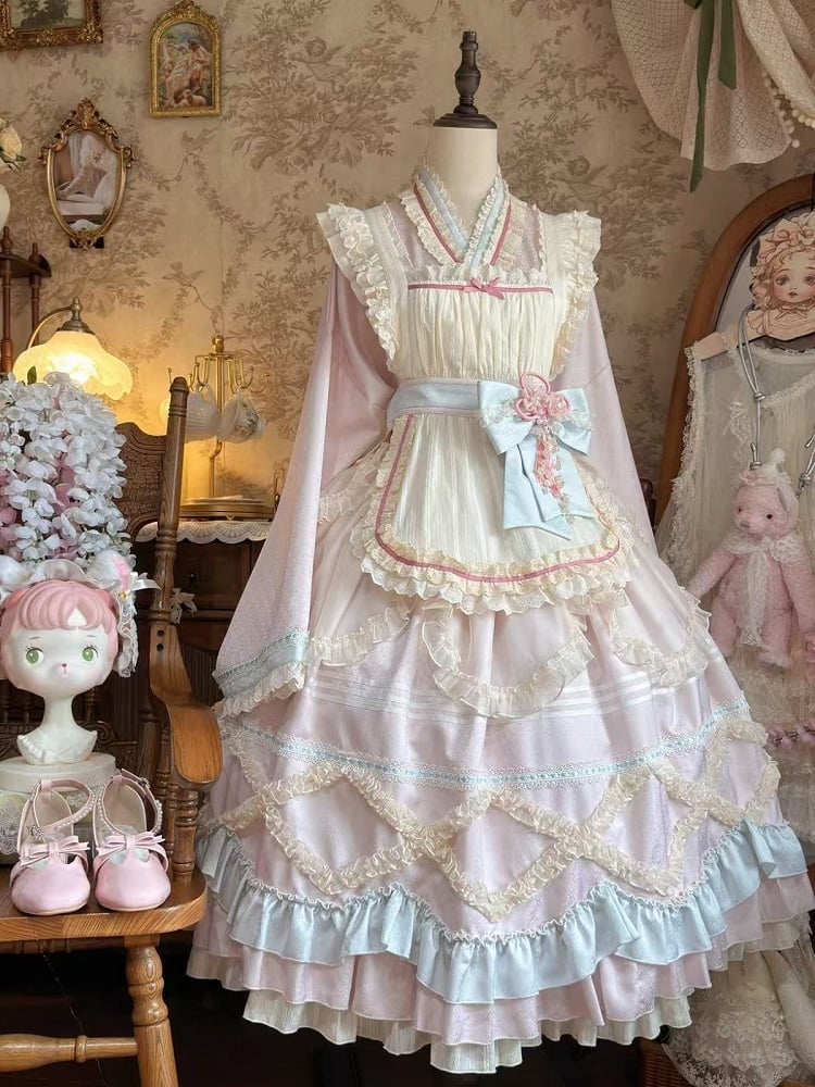 Hanfu-Inspired Lolita Top Set with Long Ruffle Skirt & Apron in Pink Blue - Berry Story Lolita