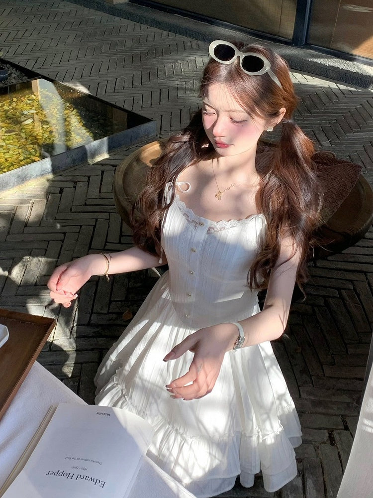 White Lace Detail Summer Holiday Dress - Qchiwawameme