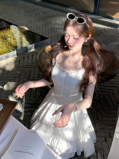 White Lace Detail Summer Holiday Dress - Qchiwawameme