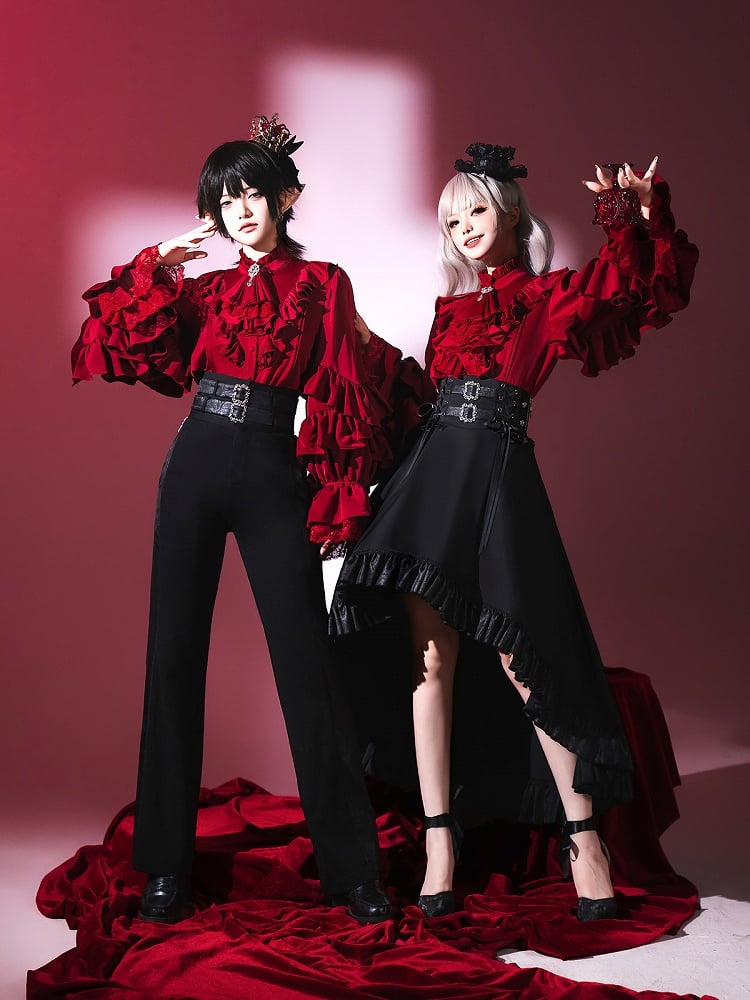 Vampire Sleeves Wine Ouji Long Lolita Shirt Red Neckline Ruffle