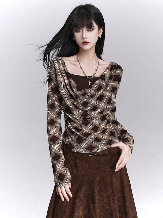 Plaid Cowl Two-Piece Neck Faux Coffee for with Top Autumn Early