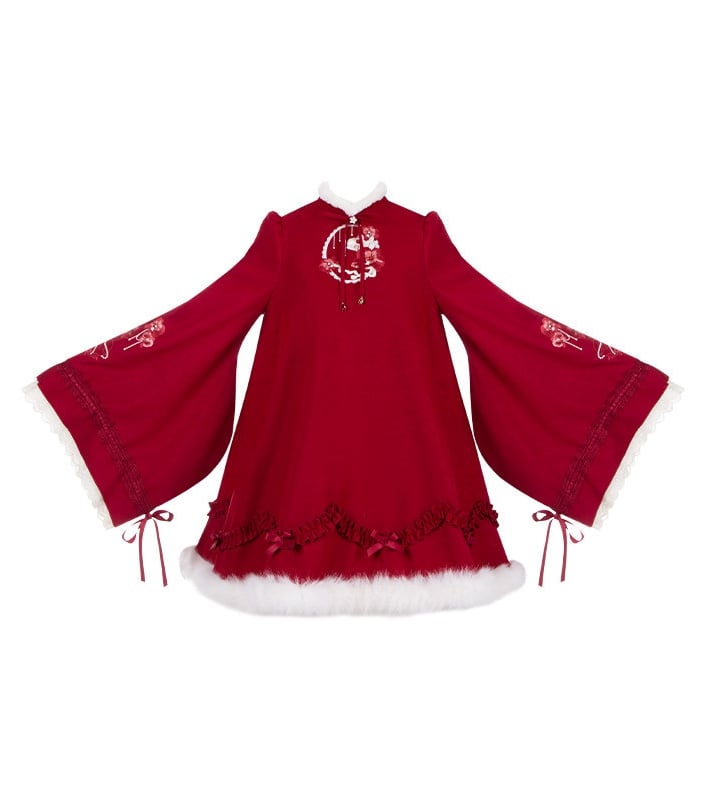 Lolita Plush Neckline Butterfly Orchid and Han White Red with Embroidery Hemline Dress