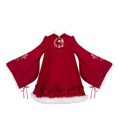Lolita Plush Neckline Butterfly Orchid and Han White Red with Embroidery Hemline Dress