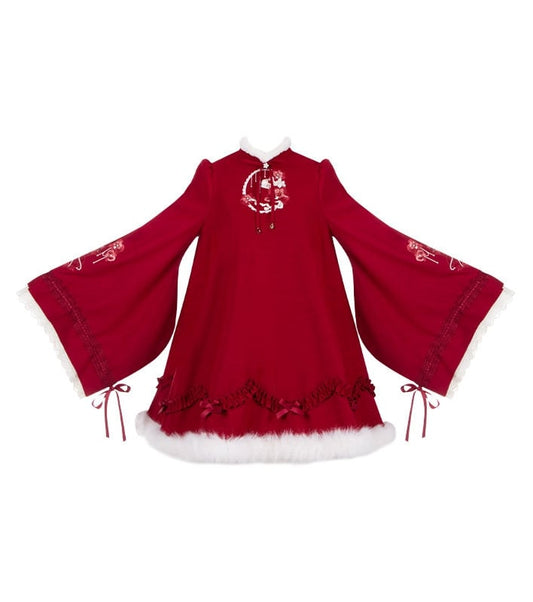 Lolita Plush Neckline Butterfly Orchid and Han White Red with Embroidery Hemline Dress