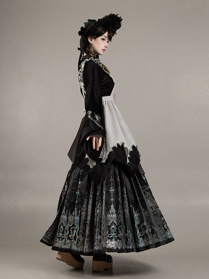 Gothic Necklace Black Top Han Lolita Skirt Bonnet Long Apron Horse-face - Set +