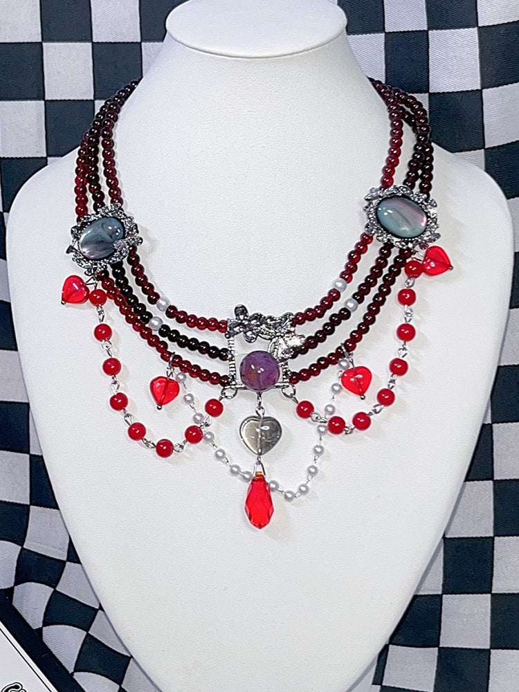 Black Necklace Y2K Punk Rhinestone Beaded Heart Pendant Red