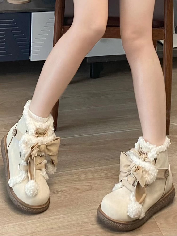 Ankle Beige Lining Lolita Plush Flat 3cm Sole - Boots Sweet