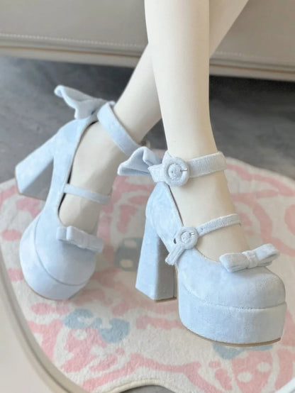 Janes Circle Platform Blue Mary Velvet Decor Bow High-heel Buckles