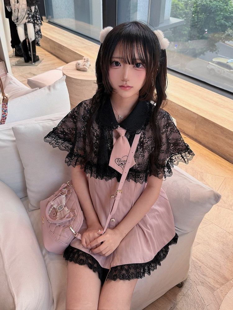 Stripe Dress Set with Lace Cape and Tie - Ekomi