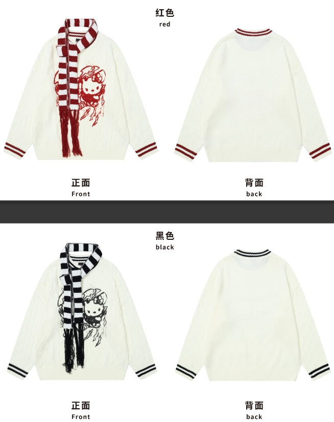 Lockerer Pullover mit Rundhalsausschnitt und rotem Kätzchenmuster und gratis gestreiftem Schal