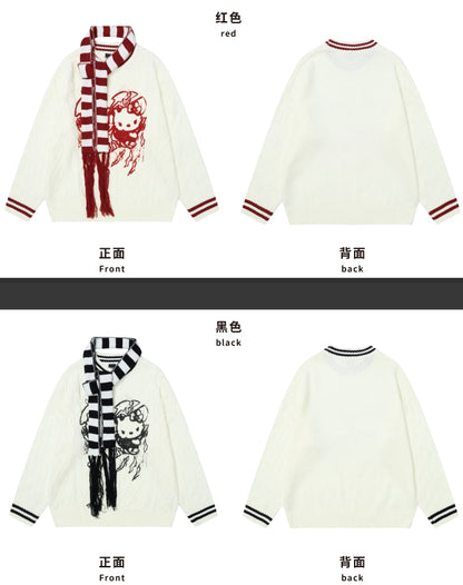 Lockerer Pullover mit Rundhalsausschnitt und rotem Kätzchenmuster und gratis gestreiftem Schal