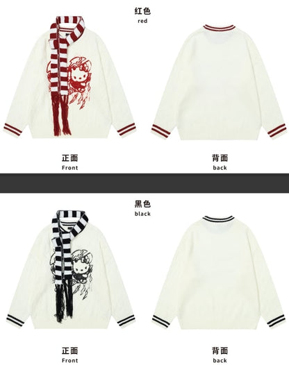 Black Kitties Pattern Round Neck Loose Sweater with Free Striped Scarf