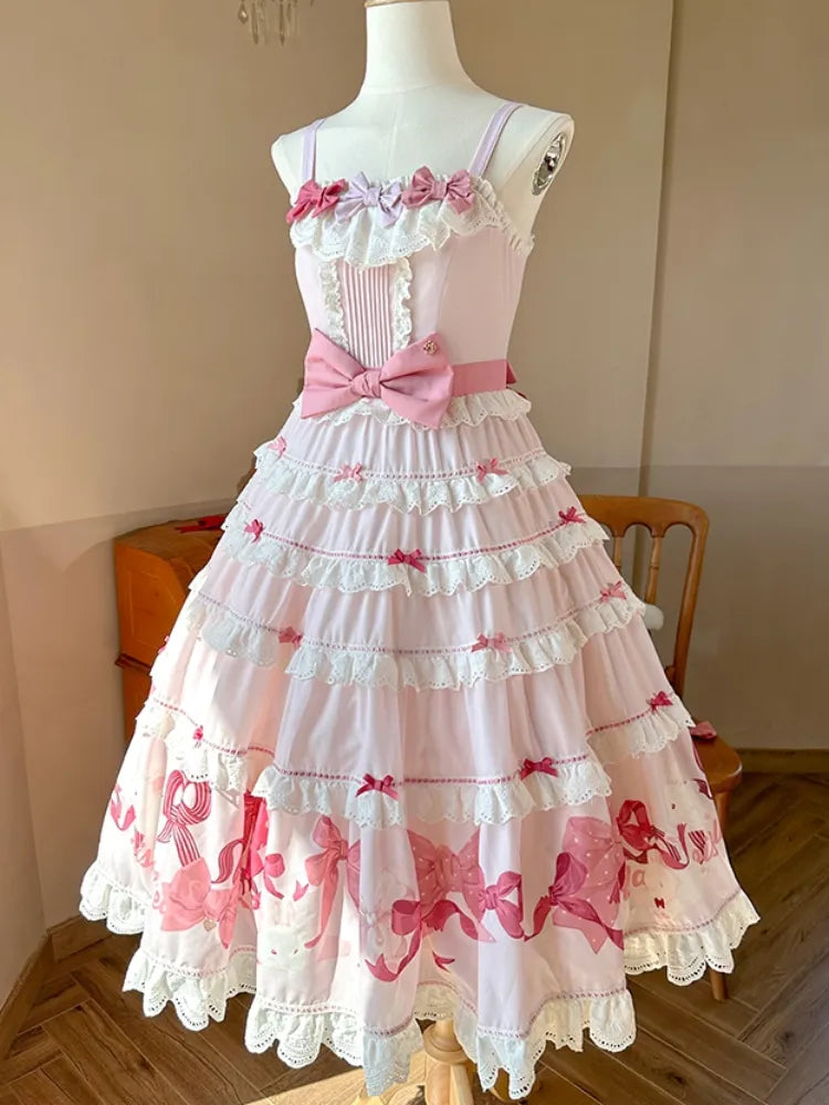 スカート スイートピンク キュート ドレス ジャンパー リボン プリント ロリータ バニー