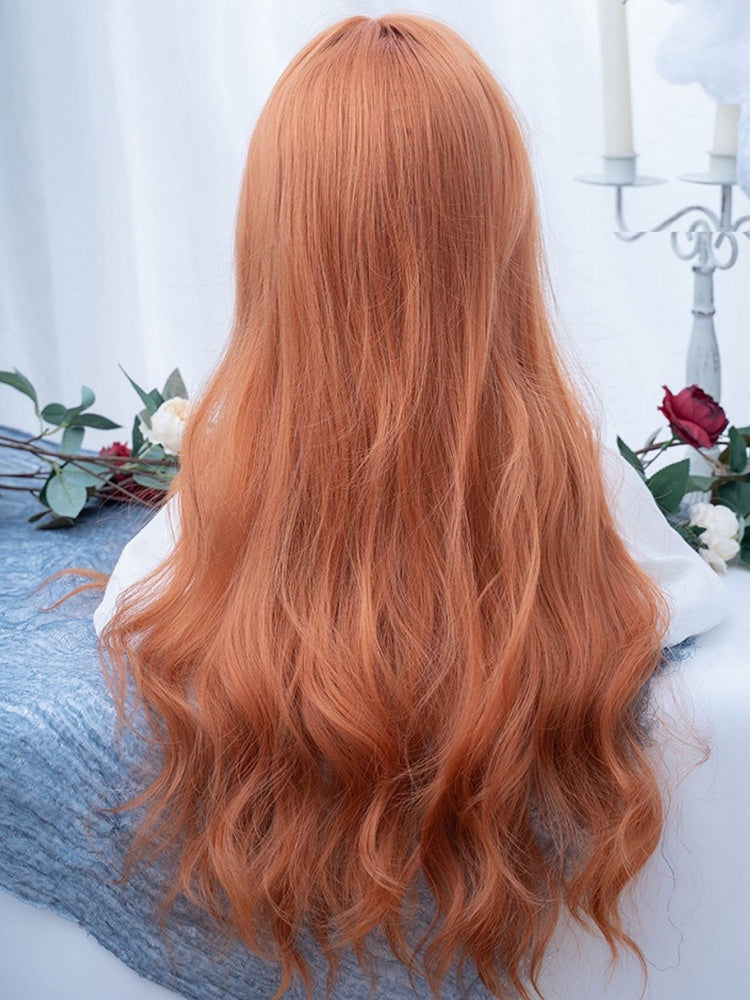 カーテンバング付きオレンジロングウェーブ合成ウィッグ
