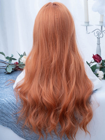 カーテンバング付きオレンジロングウェーブ合成ウィッグ