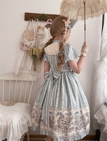 and Floral Blue Embroidery Classic One Bowknot Piece Striped Bodice Version Lolita Short Pattern