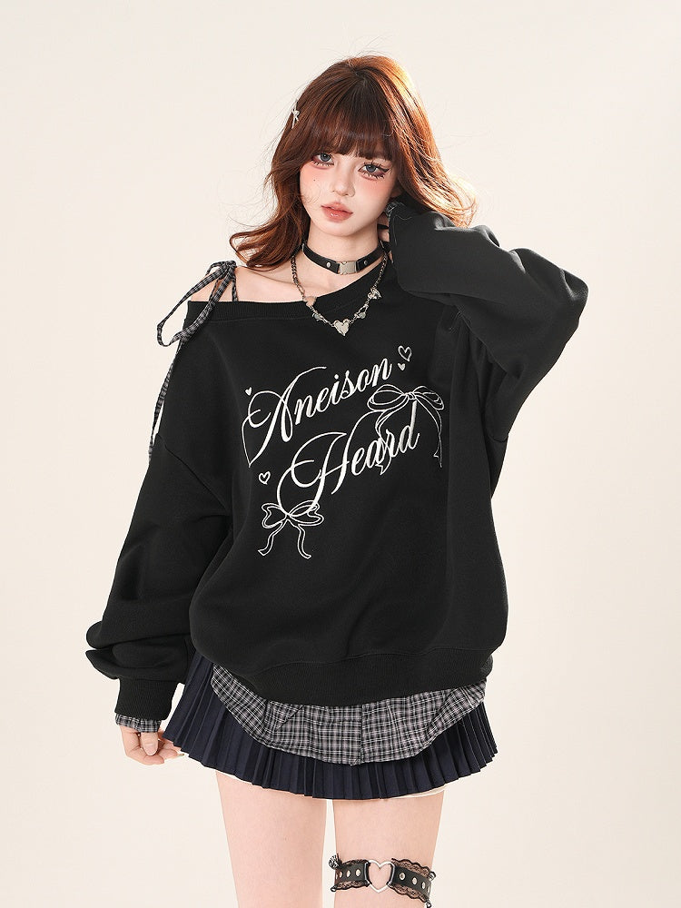 Self-tie Asymmetrical Neckline Plaid Hem Sweatshirt Black/Gray Shoulder Strap