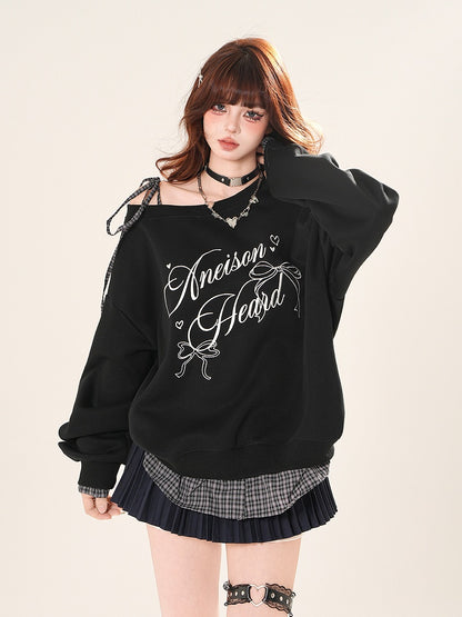Self-tie Asymmetrical Neckline Plaid Hem Sweatshirt Black/Gray Shoulder Strap