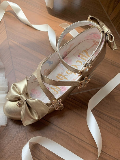 Top Bow at Sweet Starry Golden High-heel Lolita Shoes Buckles