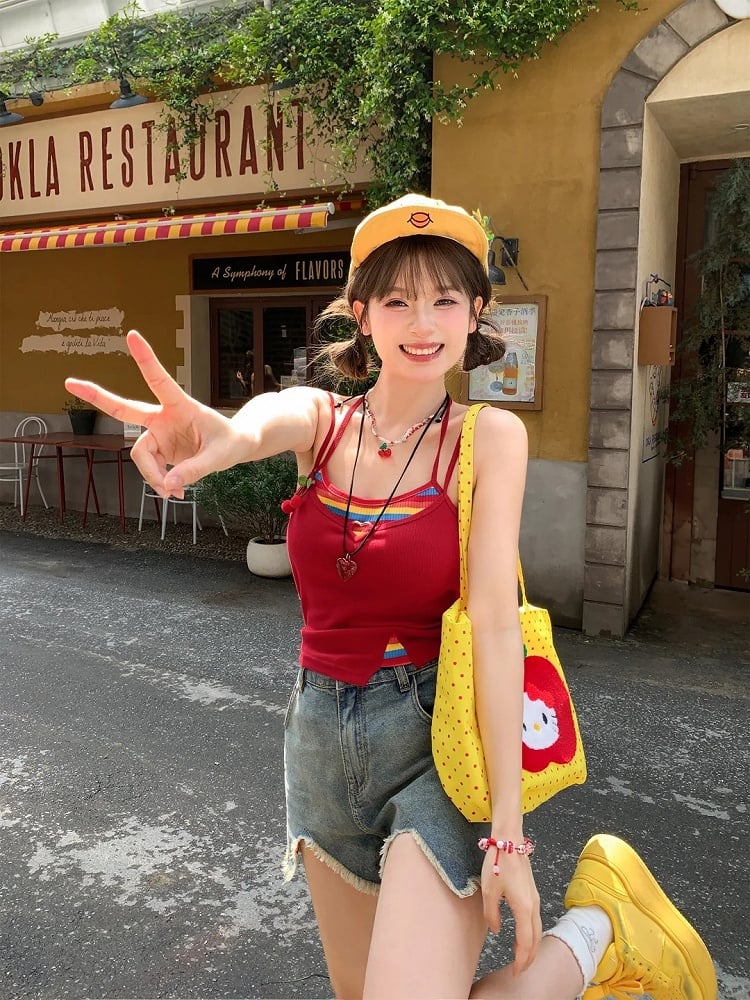 パッド入りカップ付きツーピースキャミソールトップス フェイクイエロー/グリーン/レッド