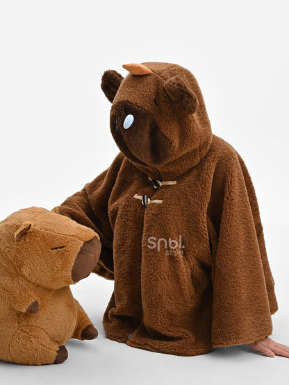 茶色のかわいいカピバラのフード付きジップ開閉フリースフード付きケープ