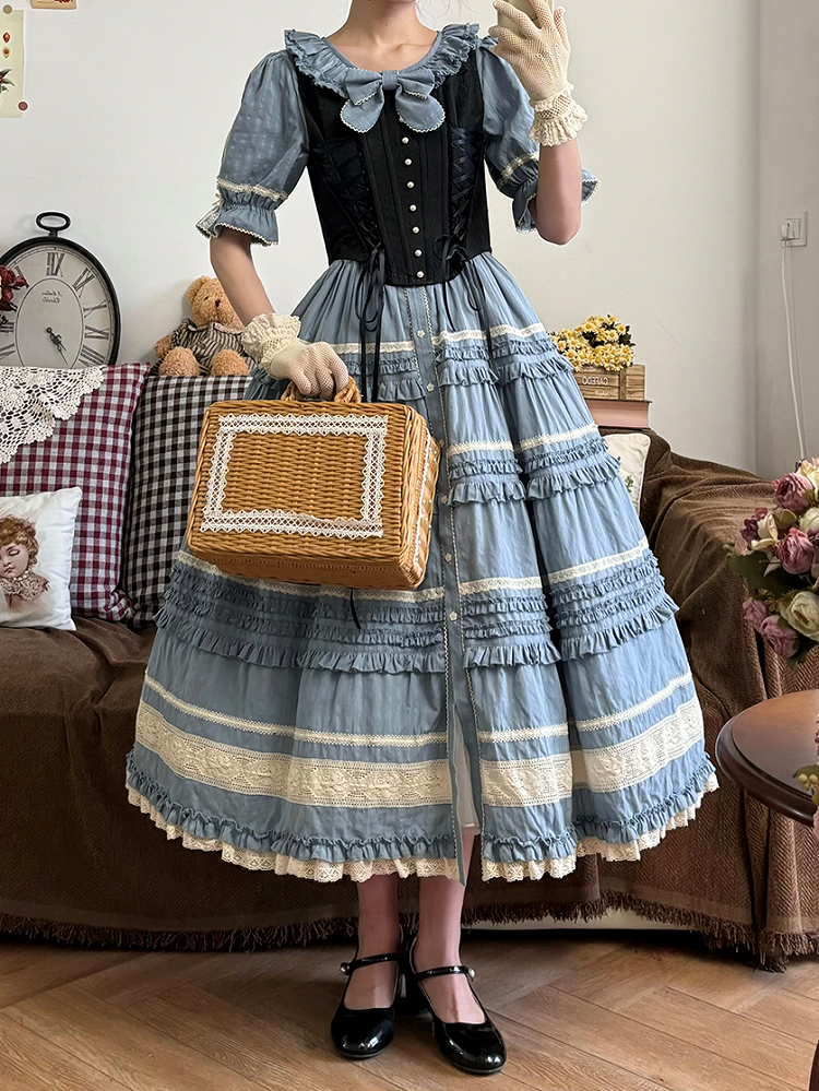 Blue Layered Ruffles Elegant Lolita Dress Front Button Placket - Miss Point