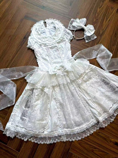 Elegant Ivory Floral Lace Applique Short OP Dress with Sash - Sleepless Unanswered