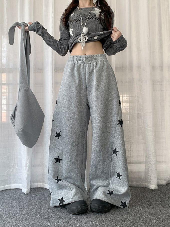 Print Star with Grey Pants Wide-leg