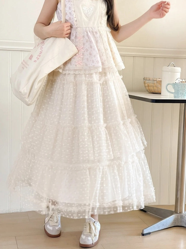 アプリコット ゴムウエスト ハート柄 メッシュ ティアードスカート