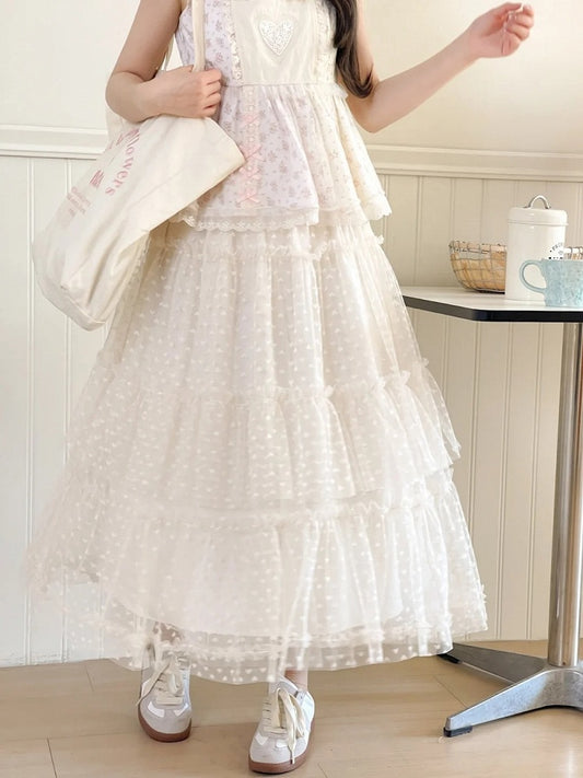 アプリコット ゴムウエスト ハート柄 メッシュ ティアードスカート