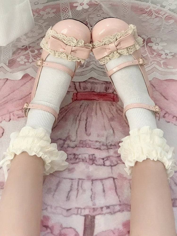 Round Trim Bow Lace Sweet Top Low Heels Pink at Toe with