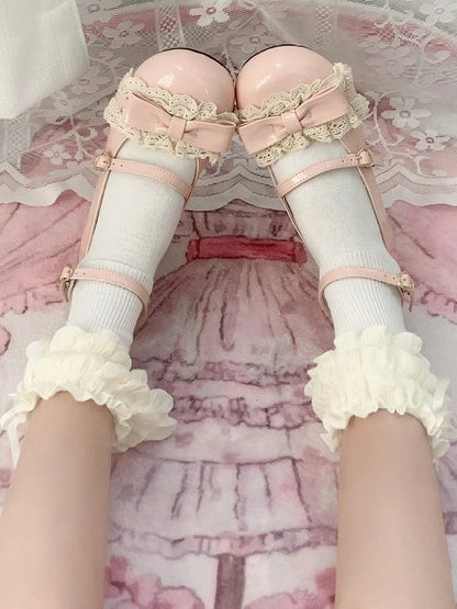 Round Trim Bow Lace Sweet Top Low Heels Pink at Toe with