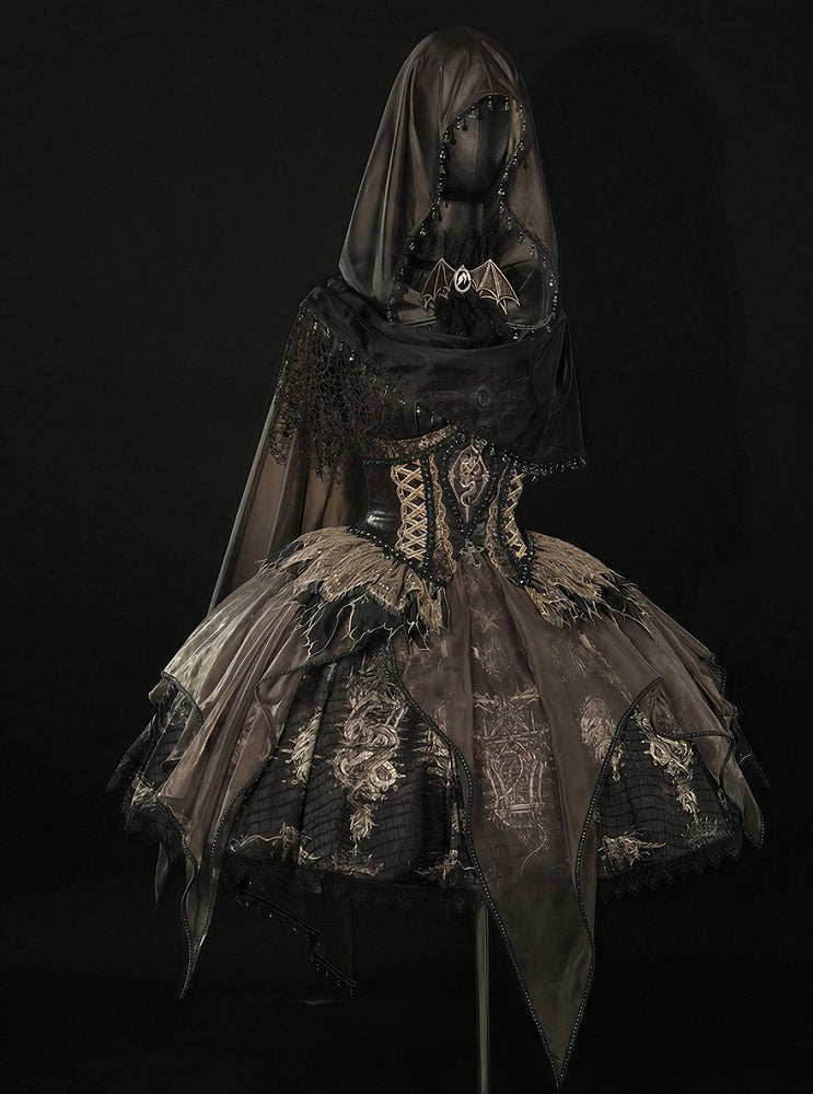 Brown & Gold Bone Dragon Embroidery Halter Neck Gothic Lolita Dress Set - Ying Luo Fu