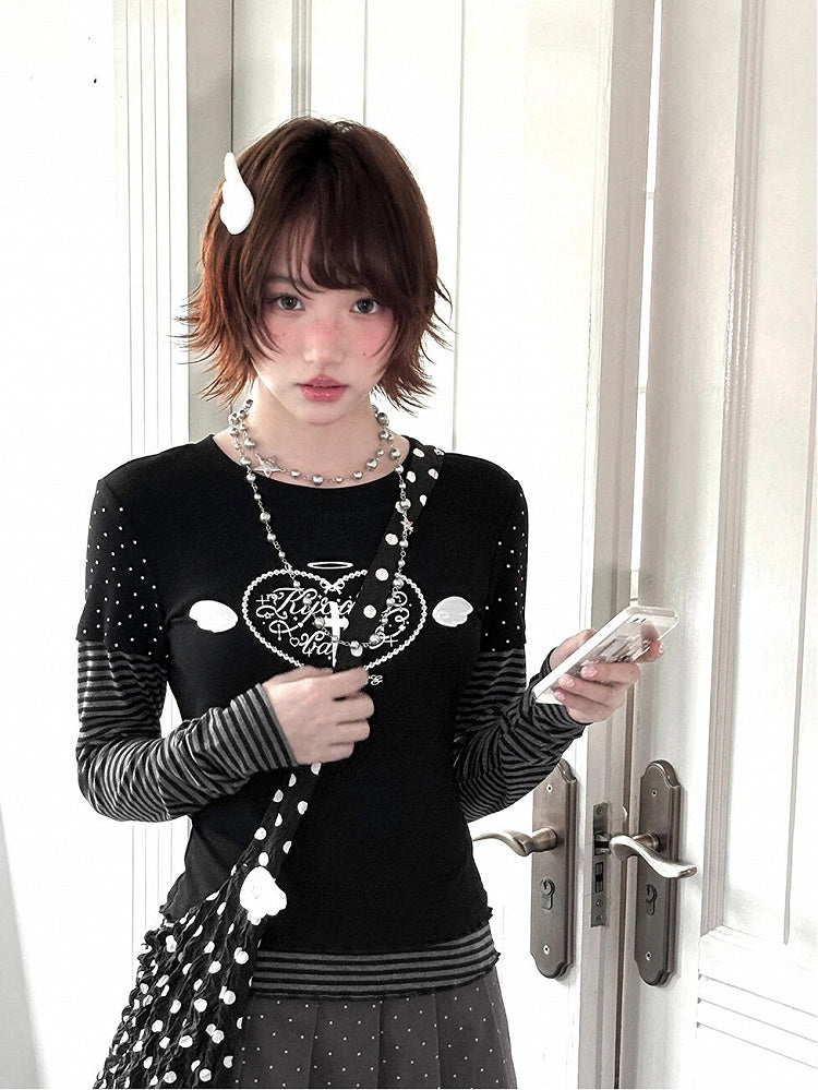 Heart Gray Striped Two-pieces Print with Top Faux Corss Black