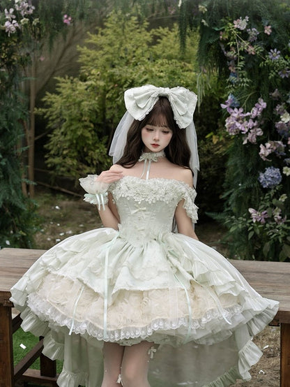 Flower with Lolita Jacquard Green Accents Layered Dress Lace Blooming Hime Mint Basque Waist Fluffy