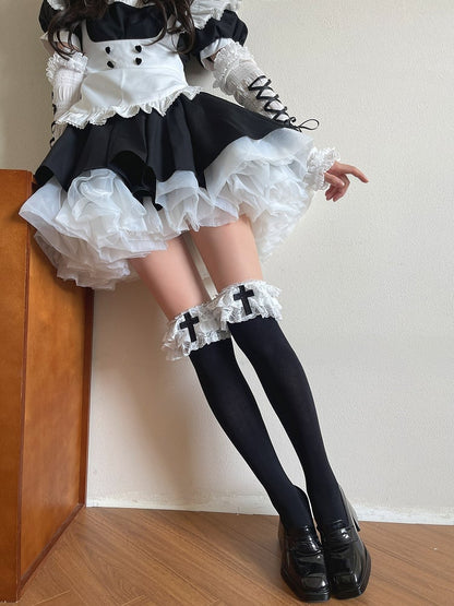 Stockingswith BlackWhite Gothic Cross Decoration Ruffled 3-Layer Lolita