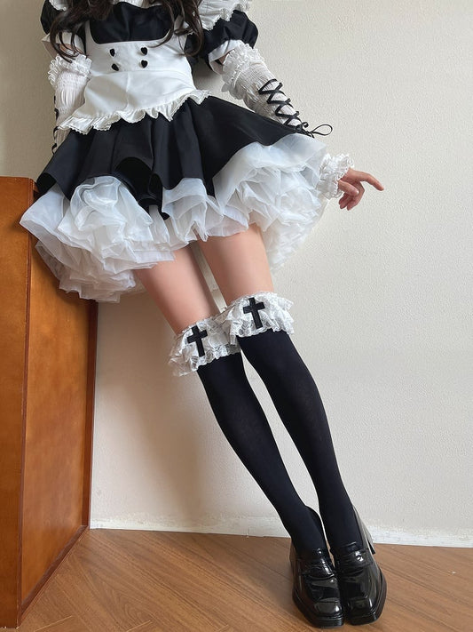 Stockingswith BlackWhite Gothic Cross Decoration Ruffled 3-Layer Lolita