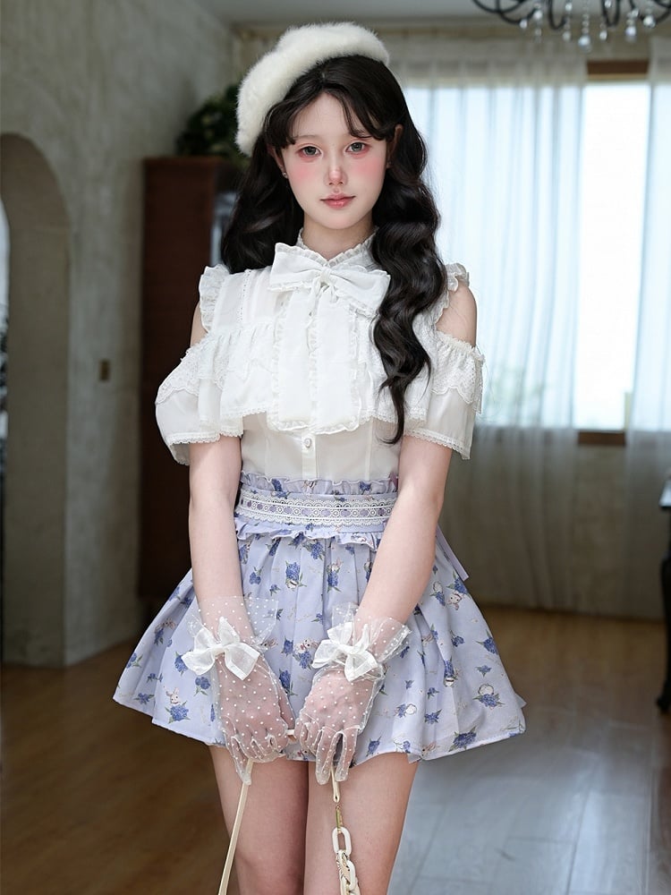 Bow White Open Shoulder Big Neckline Chiffon Blouse