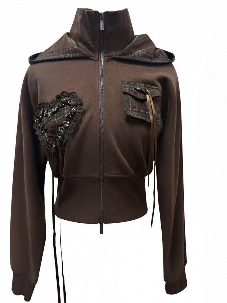 Cat Zip-up and Heart Lace Brown Hoodie with Lace-Up Applique Ear