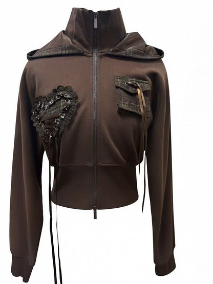 Cat Zip-up and Heart Lace Brown Hoodie with Lace-Up Applique Ear