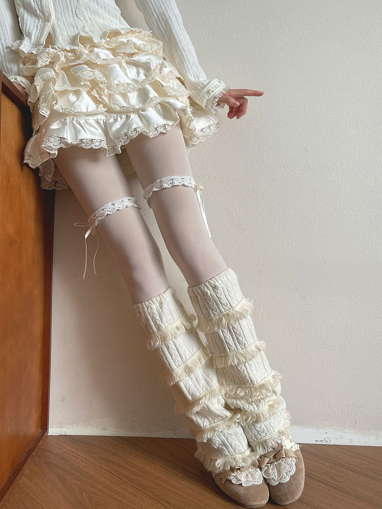 Warmers Cable Leg White Fluffy Knit Trim Ruffled Multi-layered With